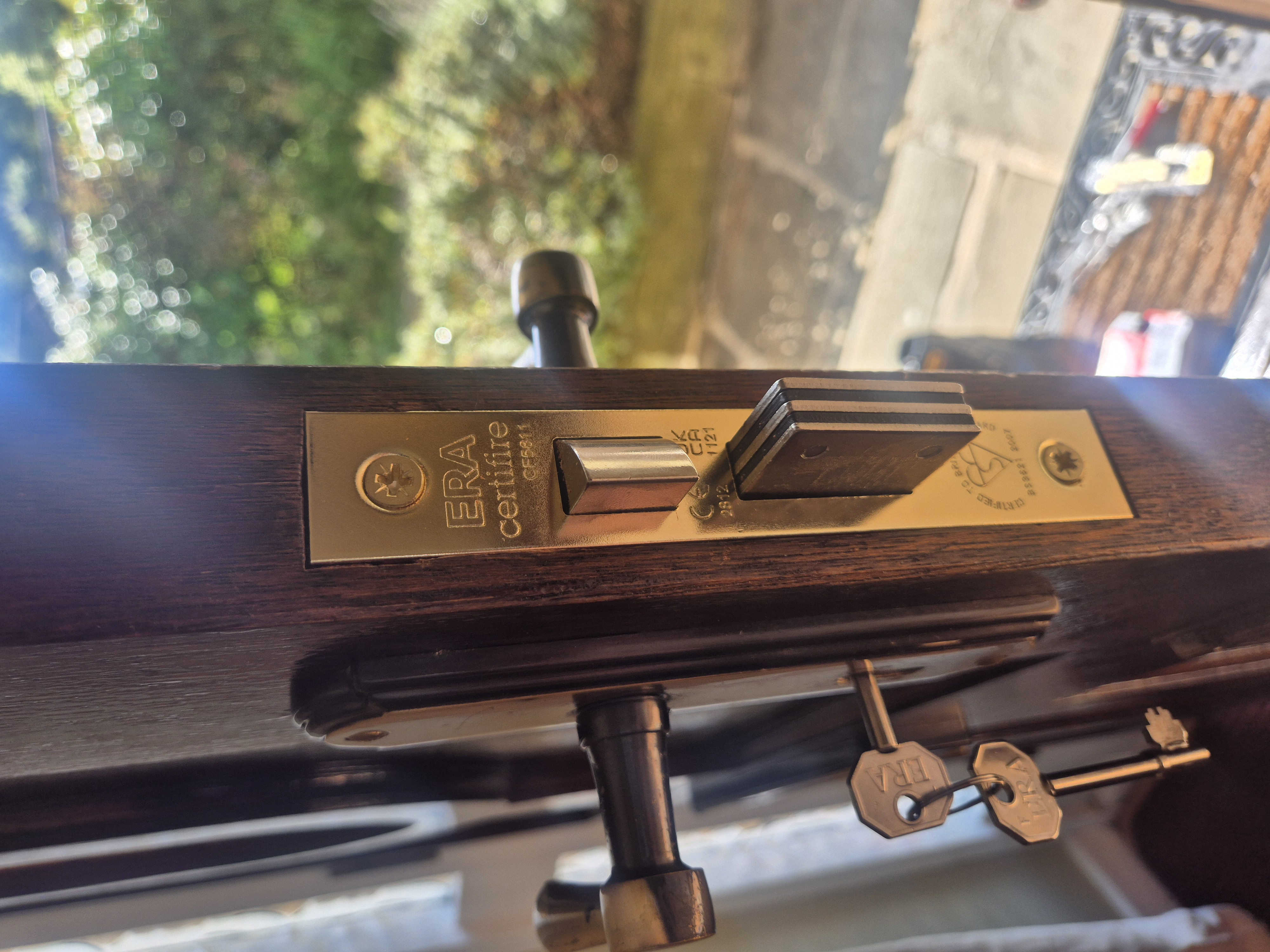 BS361 Era Fortress sash lock finished in brass fitted to brown wooden door